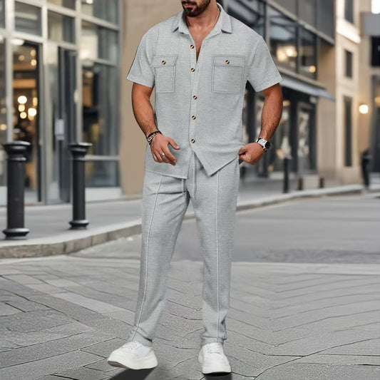 Men’s Button Pocket Short Sleeve Shirt & Trouser Co-Ord Set – NYLIXA Summer Casual Two-Piece Outfit