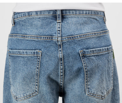 Men’s Light Washed Ripped Tapered Jeans – Loose Fit Stretch Denim