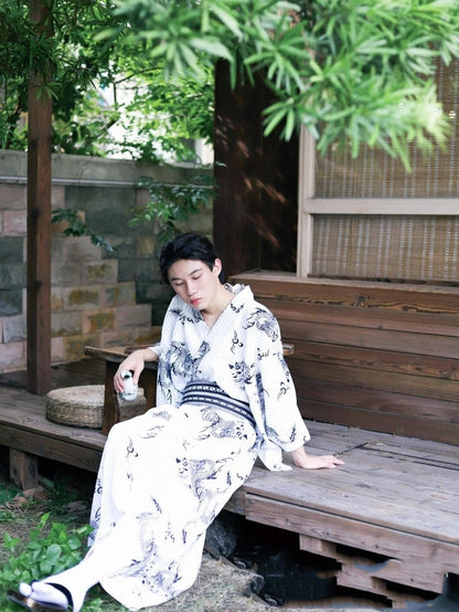 Men’s Traditional Japanese Yukata Kimono – Dragon Print Summer Robe