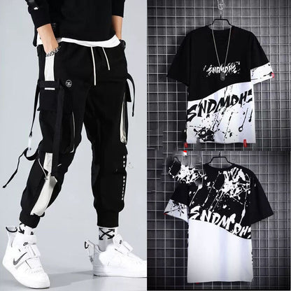 Men’s Two-Piece Hip-Hop Summer Set – Loose Overalls with Hooded Top