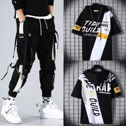 Men’s Two-Piece Hip-Hop Summer Set – Loose Overalls with Hooded Top