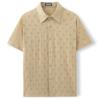 Men’s Hollow Jacquard Short-Sleeve Shirt – Breathable Summer Knit