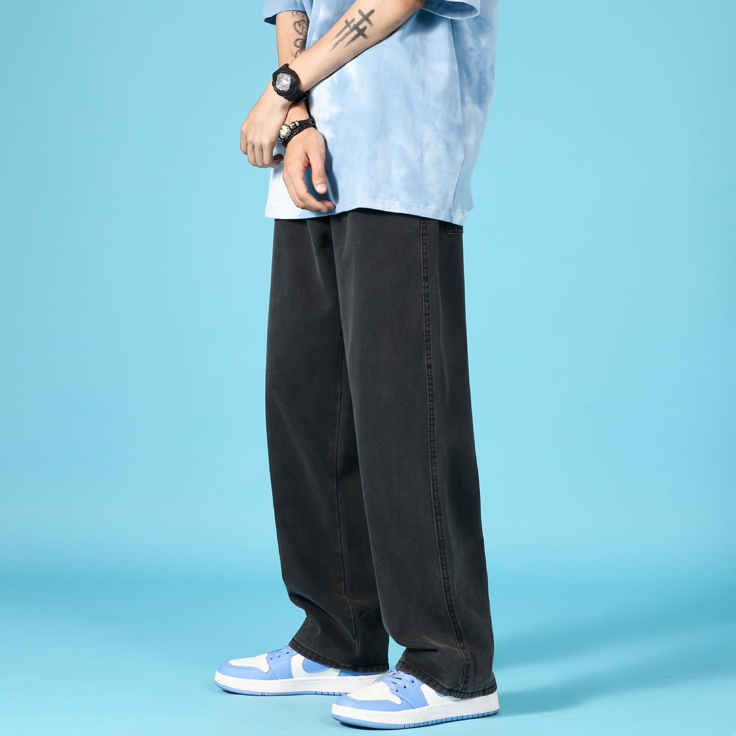 Men’s Korean Style Washed Denim Jeans – Mid-Waist, Straight Fit Casual Pants