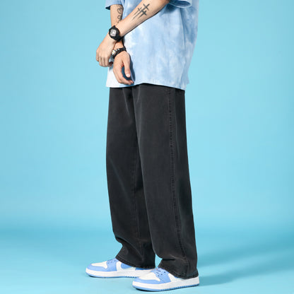 Men’s Korean Style Washed Denim Jeans – Mid-Waist, Straight Fit Casual Pants