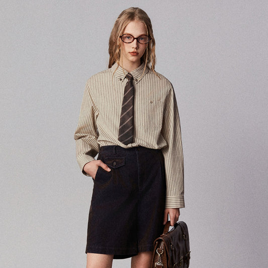American Retro Casual Fashion Classic Embroidered Lapel Cotton Striped Shirt For Women