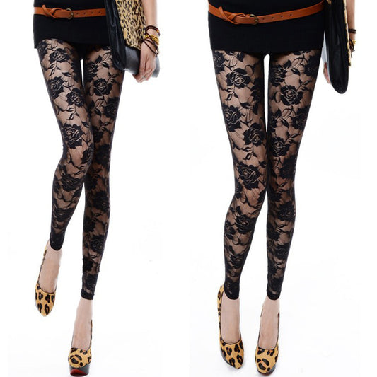 Sexy Tight Slim-fitting Ankle Length Trousers Solid Color Breathable Lace Rose Leggings