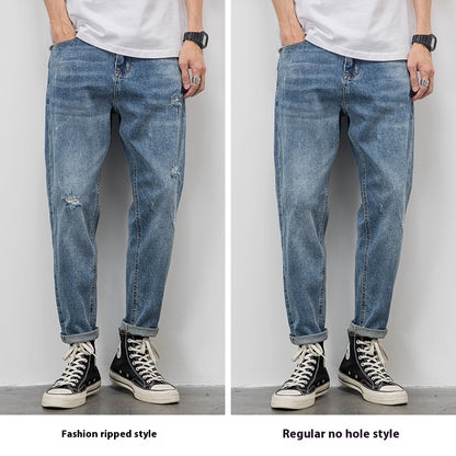 Men’s Light Washed Ripped Tapered Jeans – Loose Fit Stretch Denim