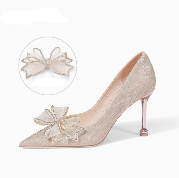 Sequined Champagne Crystal Shoes Pointed Stiletto Heel High Heels