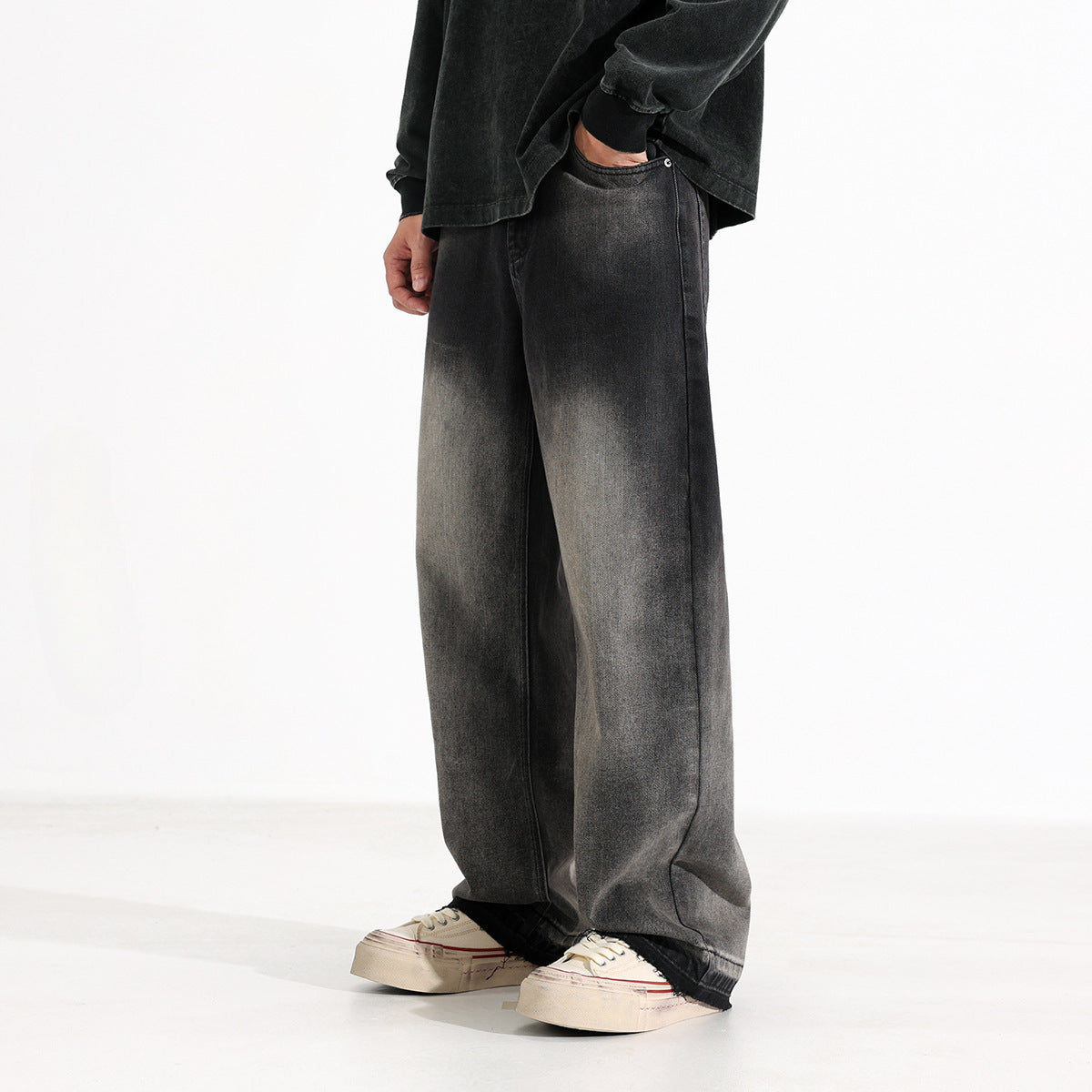 Men’s Heavy Washed American Style Wide-Leg Jeans – Black & Gray Vintage Denim