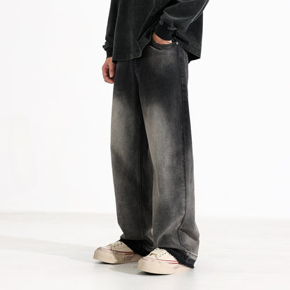Men’s Heavy Washed American Style Wide-Leg Jeans – Black & Gray Vintage Denim