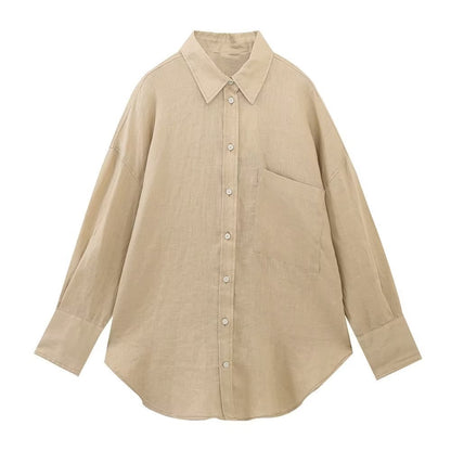 Women's Fashion Long Linen Sleeves Lapel Shirt