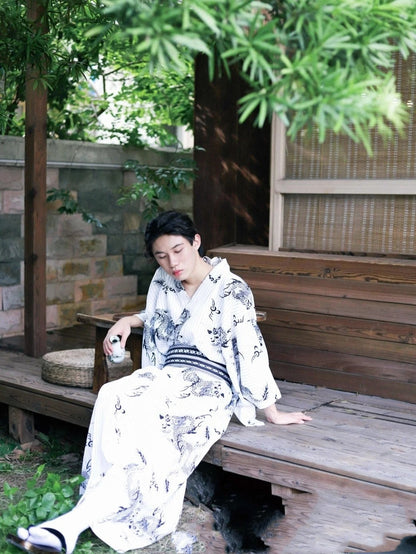 Men’s Traditional Japanese Yukata Kimono – Dragon Print Summer Robe