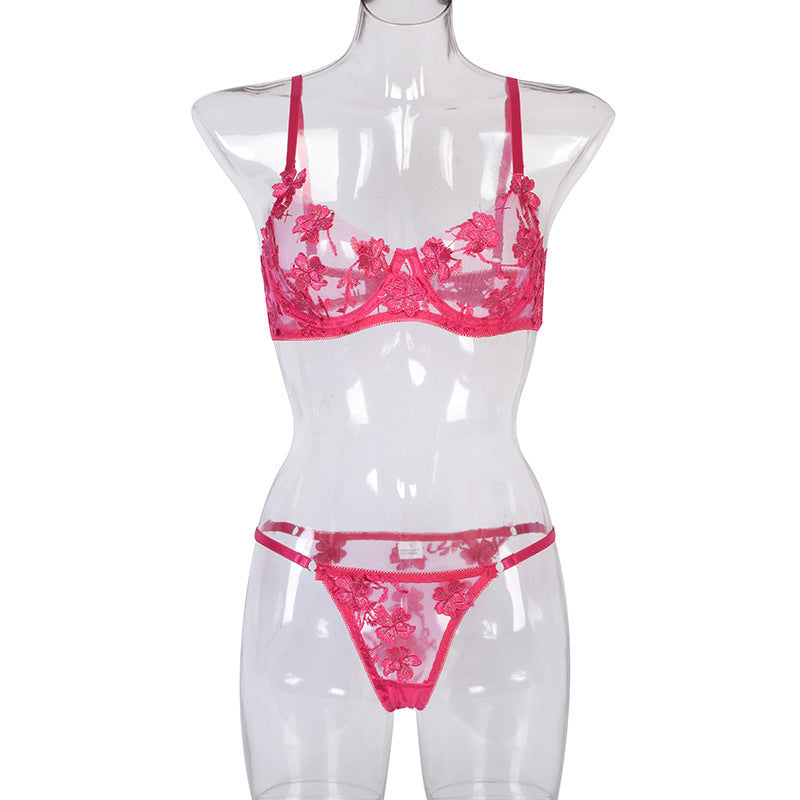 Sexy Large Size Romantic Heavy Flower Embroidery See-through Temptation Sexy Lingerie Set