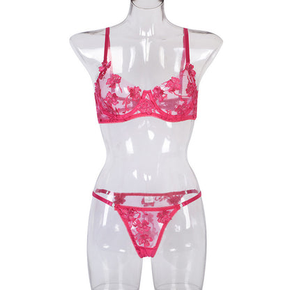 Sexy Large Size Romantic Heavy Flower Embroidery See-through Temptation Sexy Lingerie Set