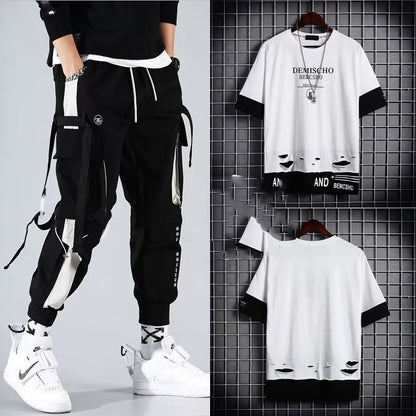 Men’s Two-Piece Hip-Hop Summer Set – Loose Overalls with Hooded Top