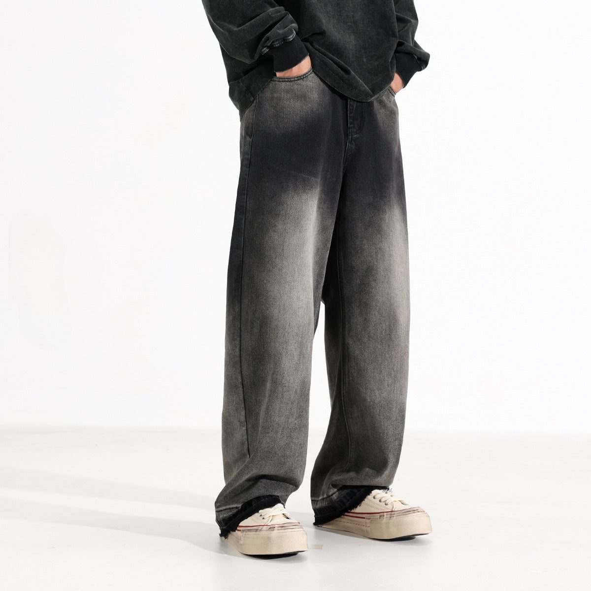 Men’s Heavy Washed American Style Wide-Leg Jeans – Black & Gray Vintage Denim