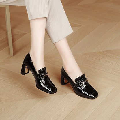 Green Patent Leather Chunky Heel Square Toe Slip-on Women's Shoes