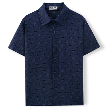 Men’s Hollow Jacquard Short-Sleeve Shirt – Breathable Summer Knit