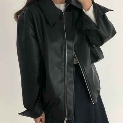 Casual Long Sleeve Leather Coat Women