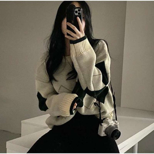 Diamond Loose Retro Slim Hong Kong Style Sweater Women Knit Sweater
