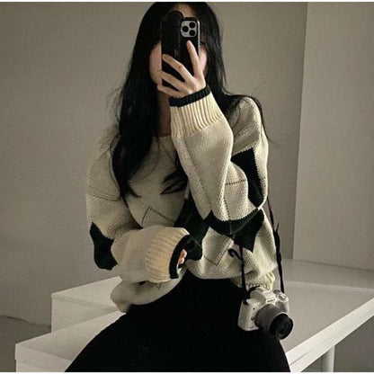 Diamond Loose Retro Slim Hong Kong Style Sweater Women Knit Sweater