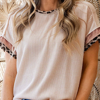 Jet Stream Leopard Patchwork Corded Knit Crew Neck T Shirt