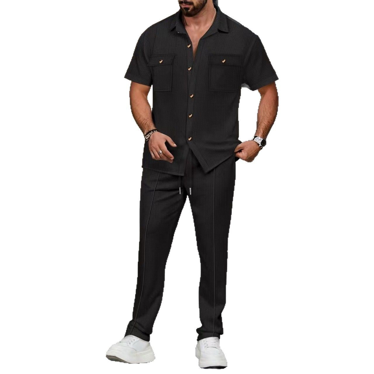 Men’s Button Pocket Short Sleeve Shirt & Trouser Co-Ord Set – NYLIXA Summer Casual Two-Piece Outfit