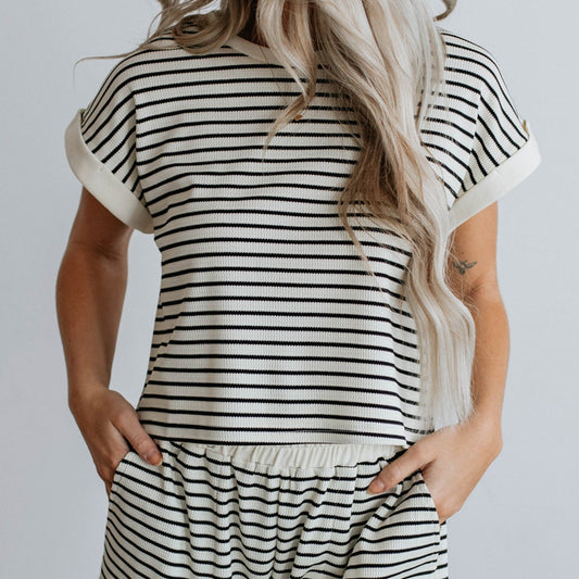 Women’s Striped Knit Casual Co-ord Set (Top & Shorts)