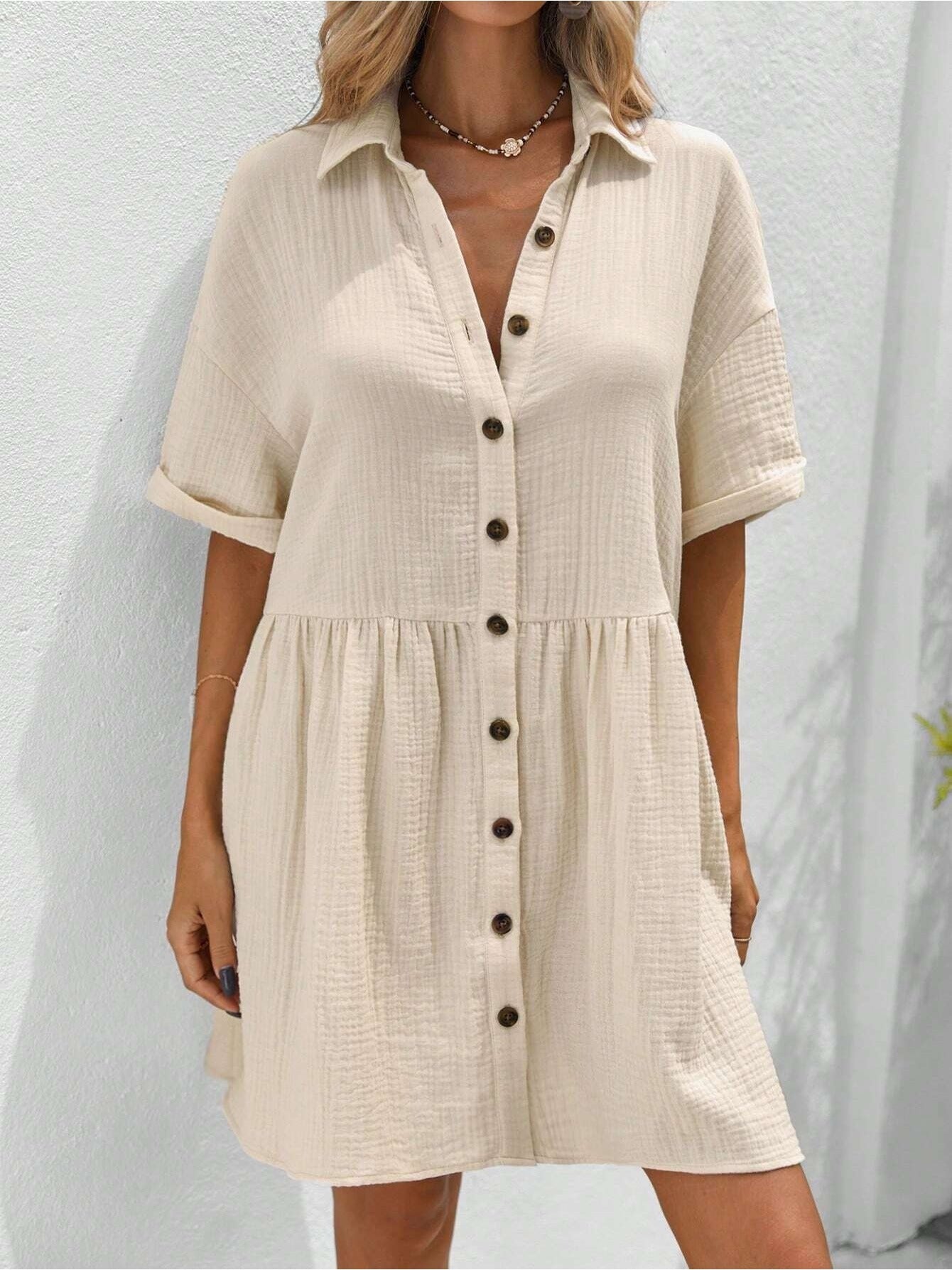 Women's Holiday Loose Solid Color Casual Summer Shirt Dress With Ruffles