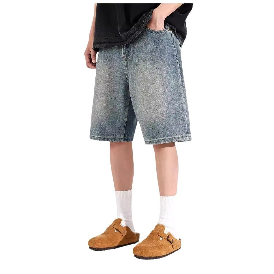 Men’s All-Match Washed Denim Loose Straight Sports Shorts – Casual Low-Waist Overalls Style