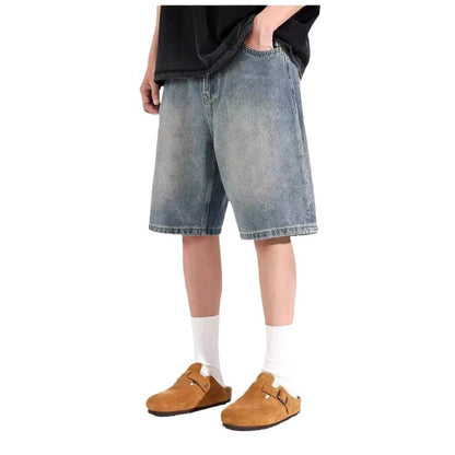 Men’s All-Match Washed Denim Loose Straight Sports Shorts – Casual Low-Waist Overalls Style