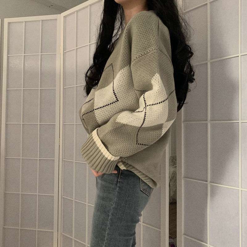 Diamond Loose Retro Slim Hong Kong Style Sweater Women Knit Sweater