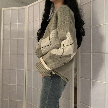 Diamond Loose Retro Slim Hong Kong Style Sweater Women Knit Sweater