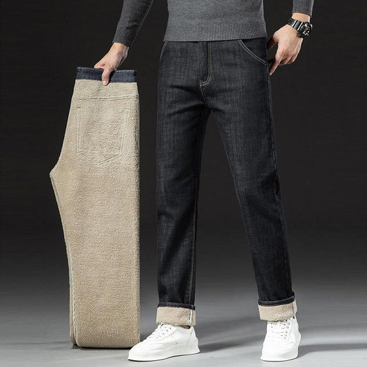 Men’s Fleece-Lined Thick Loose Fit Straight Trousers – Winter Warm Casual Pants