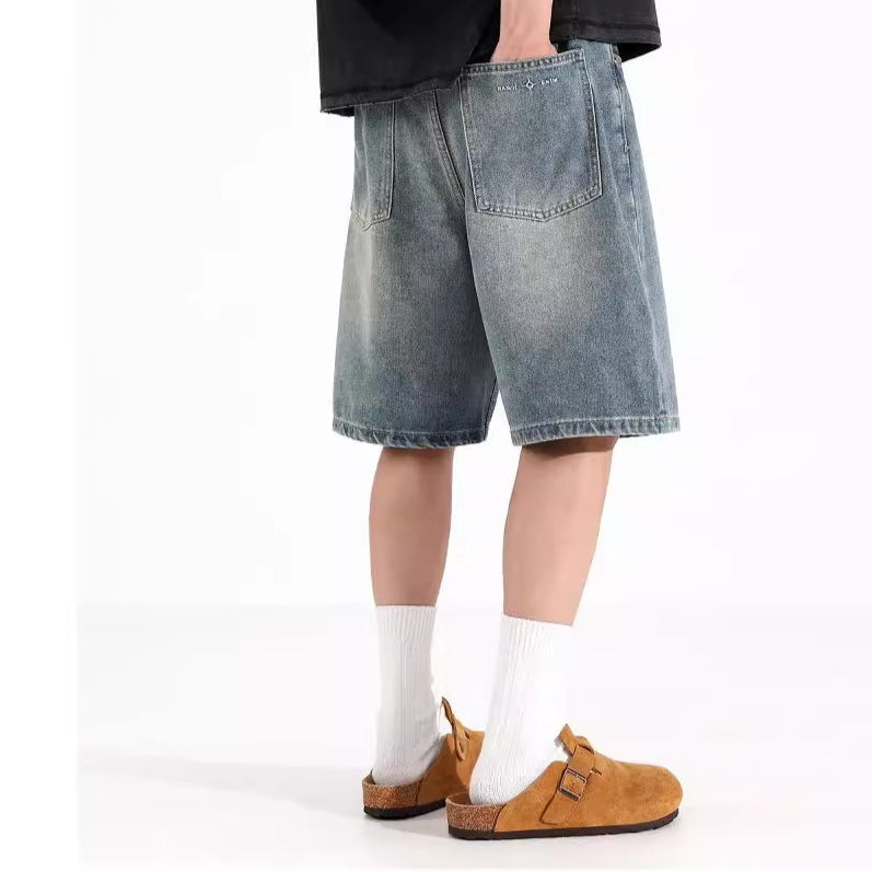 Men’s All-Match Washed Denim Loose Straight Sports Shorts – Casual Low-Waist Overalls Style