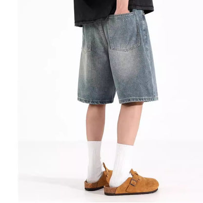 Men’s All-Match Washed Denim Loose Straight Sports Shorts – Casual Low-Waist Overalls Style