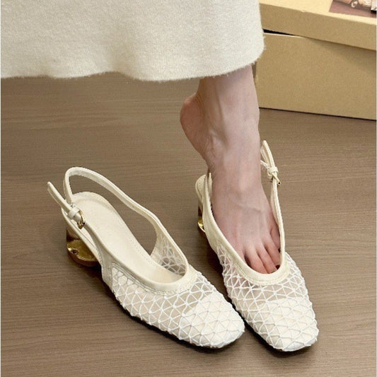 Square Toe Woven Toe Cap Slingback Sandals Women