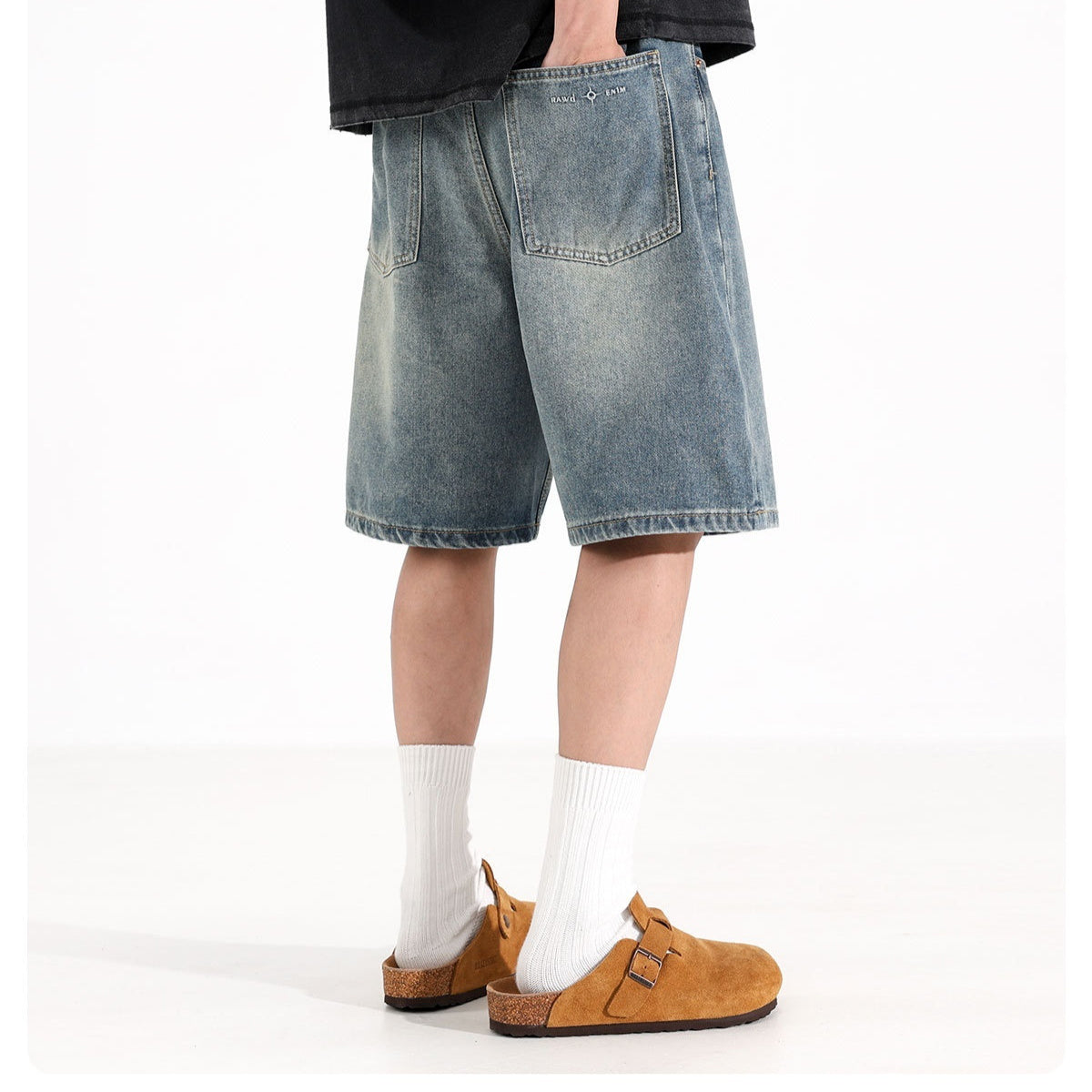 Men’s All-Match Washed Denim Loose Straight Sports Shorts – Casual Low-Waist Overalls Style