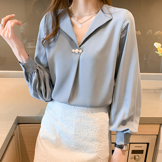 Fashion Business Chiffon Temperament Wild Loose Slimming V-neck Long Sleeve Shirt