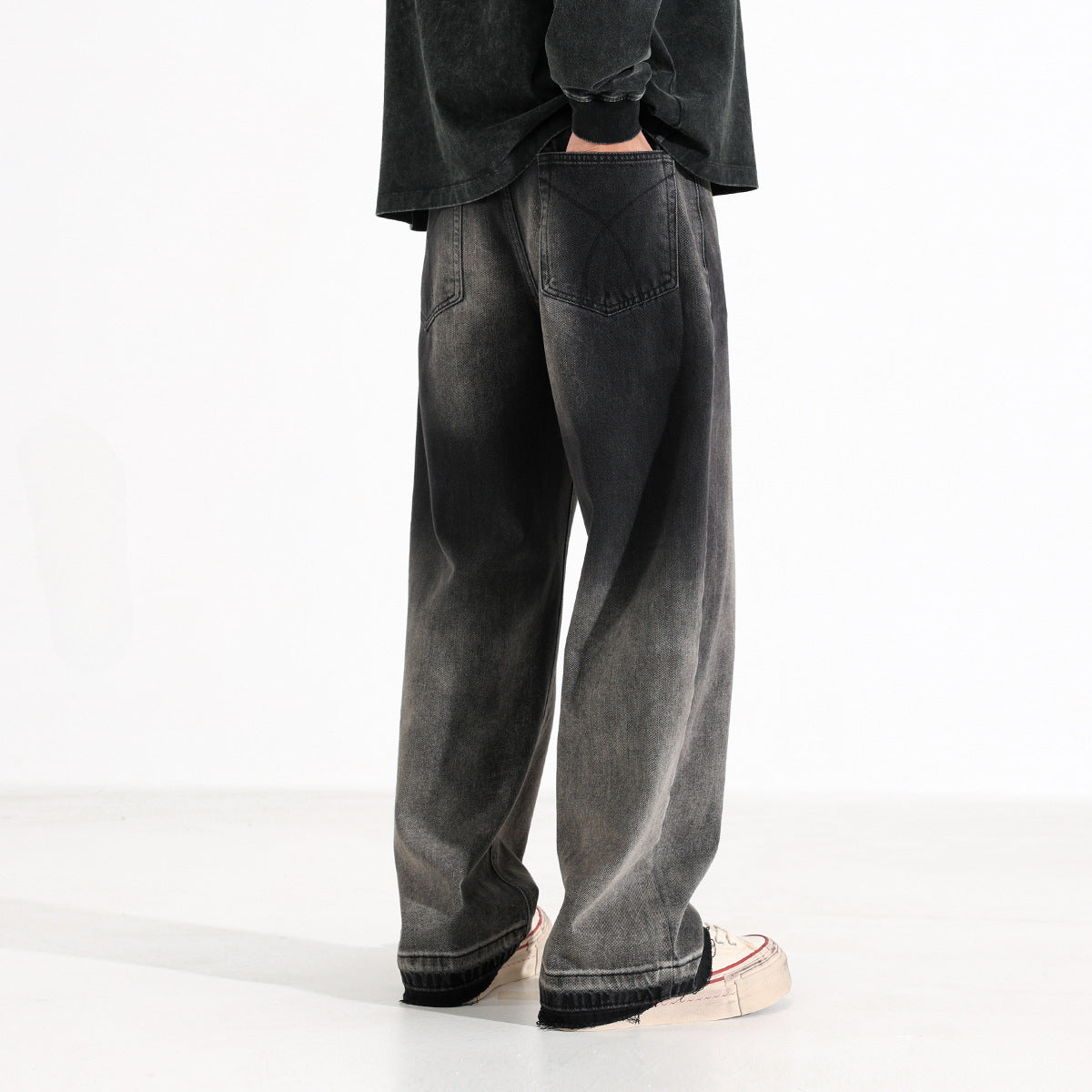Men’s Heavy Washed American Style Wide-Leg Jeans – Black & Gray Vintage Denim