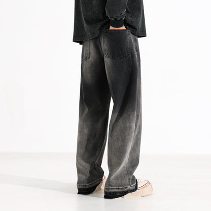 Men’s Heavy Washed American Style Wide-Leg Jeans – Black & Gray Vintage Denim