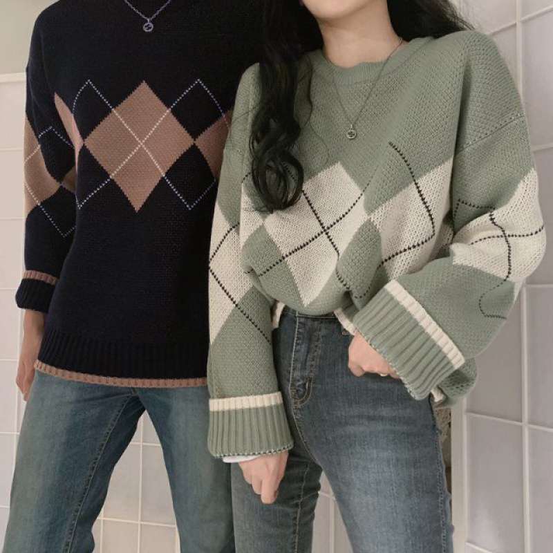 Diamond Loose Retro Slim Hong Kong Style Sweater Women Knit Sweater