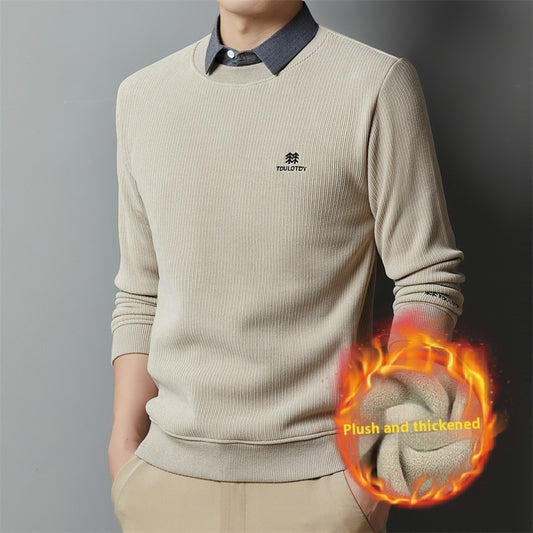 Casual Trend Men's Clothing Fleece-lined Thickened False Two-piece Sweaters