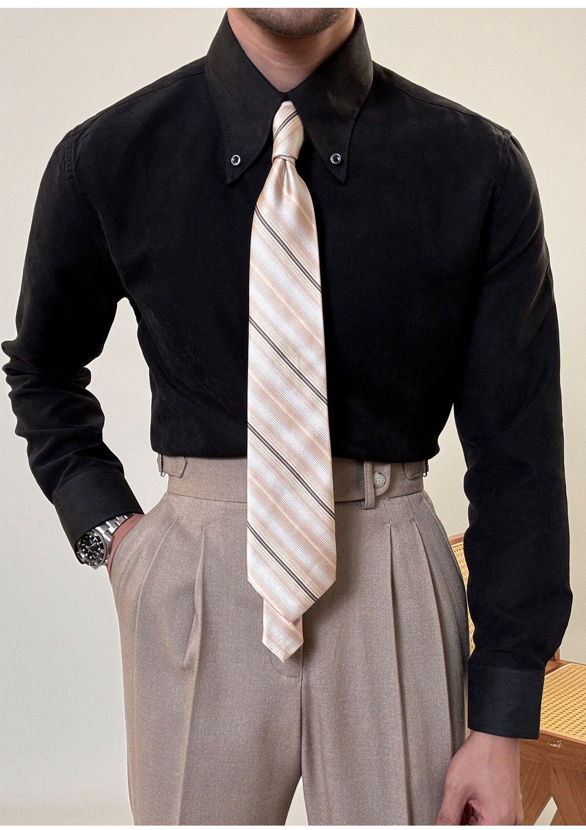Men’s Spring Italian Large Pointed-Collar Slim Fit Shirt – Elegant Casual
