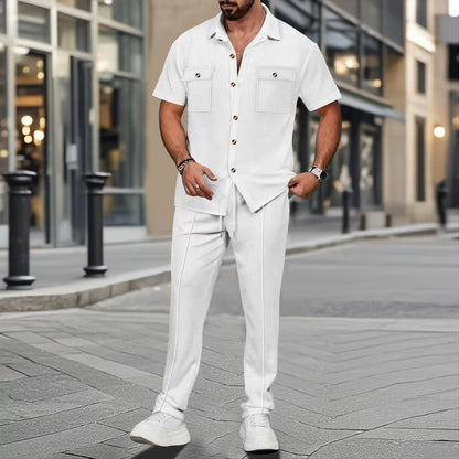 Men’s Button Pocket Short Sleeve Shirt & Trouser Co-Ord Set – NYLIXA Summer Casual Two-Piece Outfit