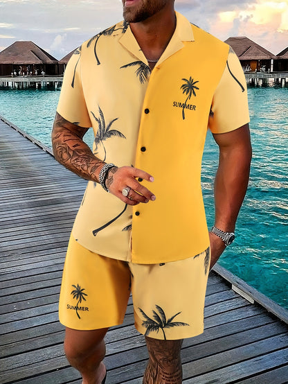 Men’s Coconut Tree 3D-Print Beach Two-Piece Set – Shirt & Shorts Vacation Outfit