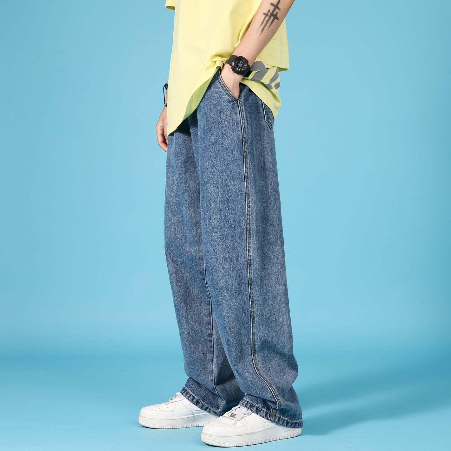 Men’s Korean Style Washed Denim Jeans – Mid-Waist, Straight Fit Casual Pants