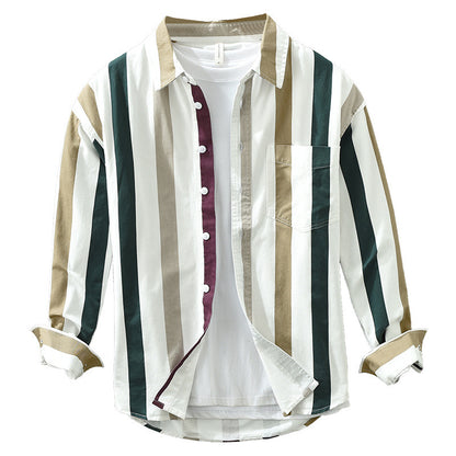 Men’s Loose Striped Long Sleeve Shirt – Artistic Square-Collar Casual Top
