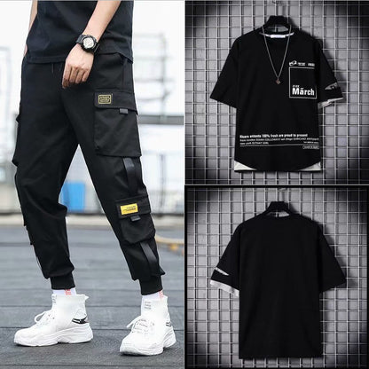 Men’s Two-Piece Hip-Hop Summer Set – Loose Overalls with Hooded Top