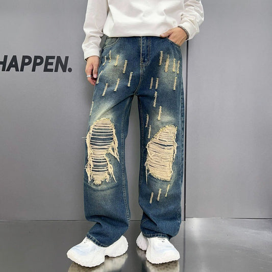 Men’s Loose Wide-Leg Washed Blue Jeans – Streetwear Comfort Redefined